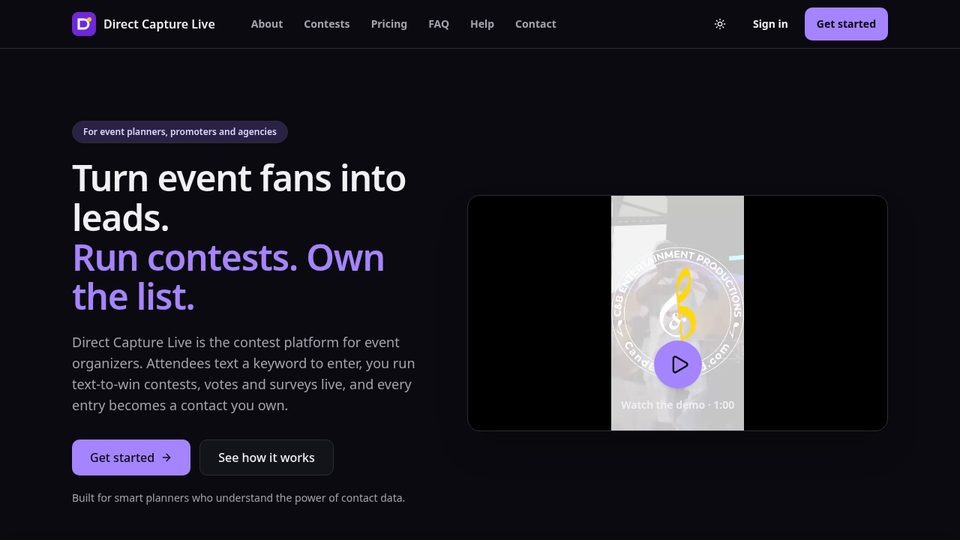 Direct Capture Live website screenshot: Event Contest Platform, built by Bismarck Ndou
