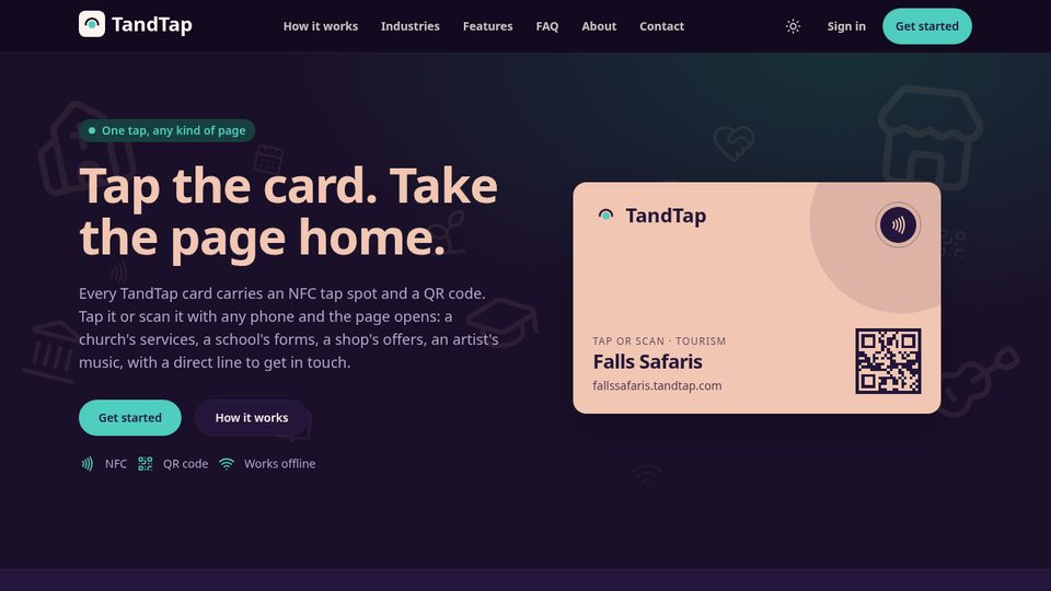TandTap website screenshot: NFC & QR Platform, built by Bismarck Ndou